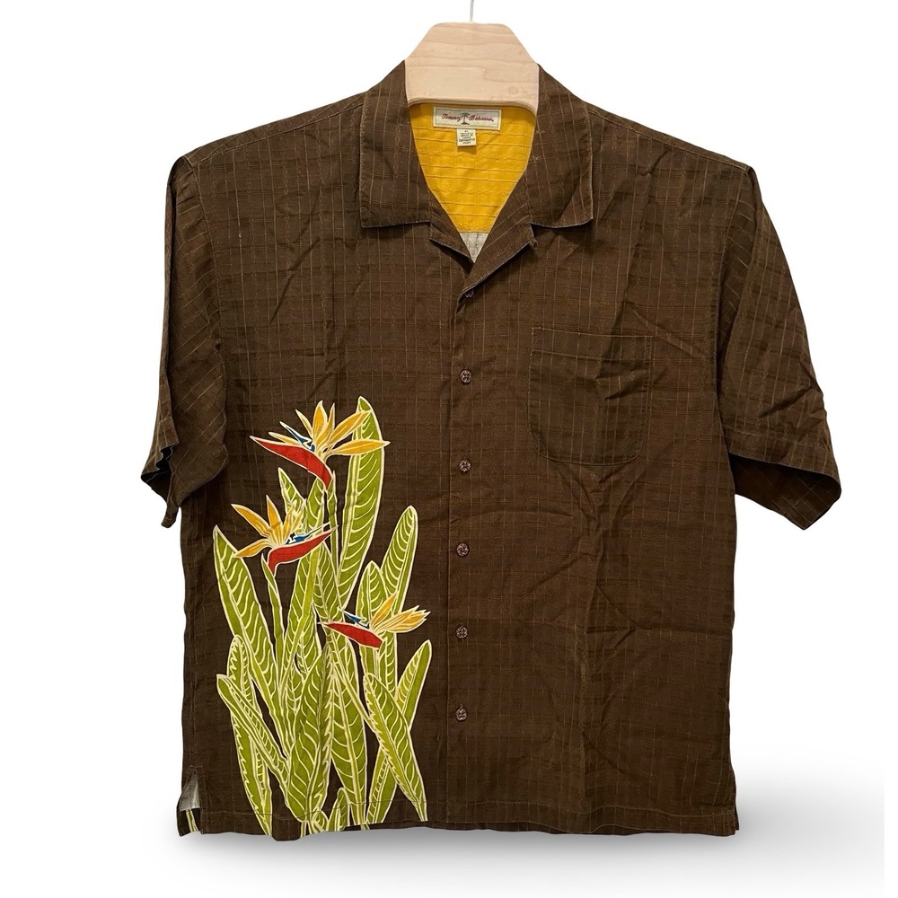 Tommy Bahama Mens XL Silk Bird of Paradise Brown Button Down Shirt RN 86549